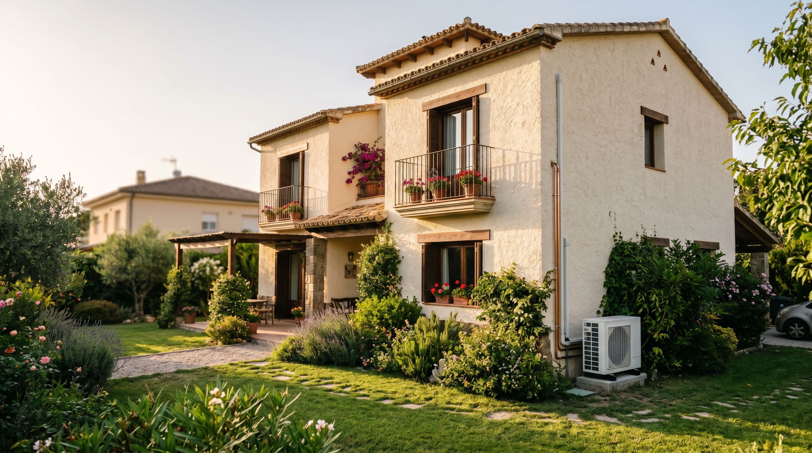 Vivienda unifamiliar española de dos plantas con bomba de calor aerotérmica instalada en lateral.