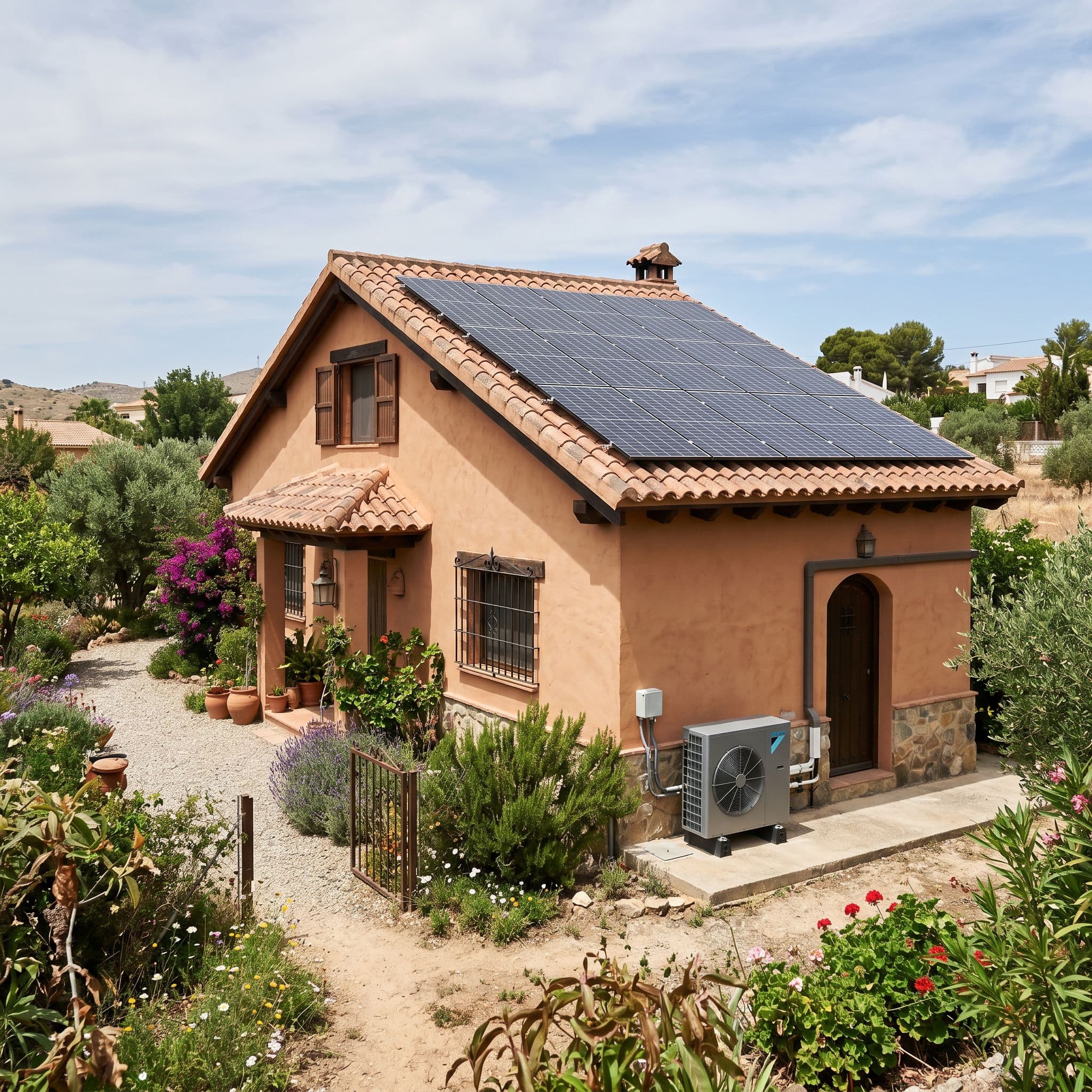 Vivienda con instalación combinada de aerotermia y placas solares fotovoltaicas.
