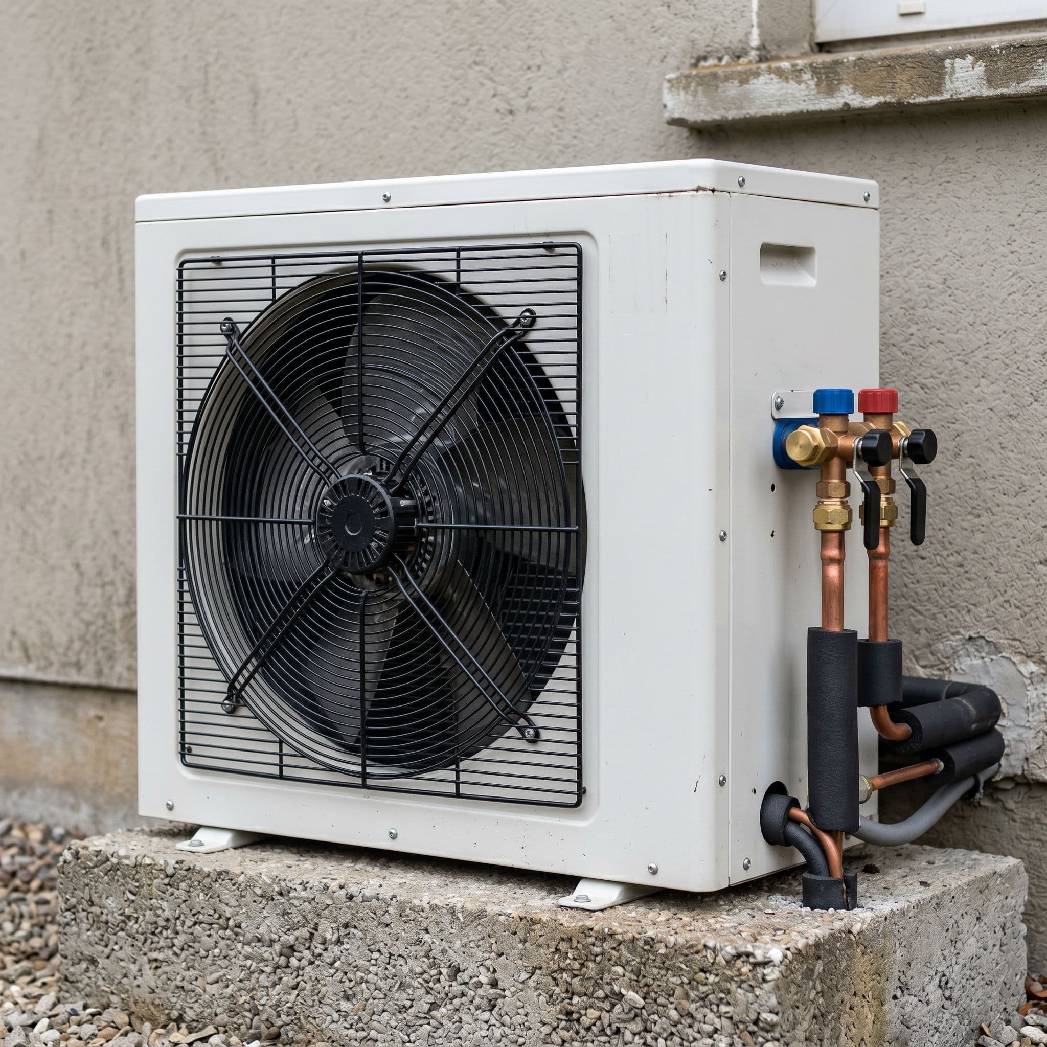 Unidad exterior de bomba de calor aerotérmica para vivienda residencial.