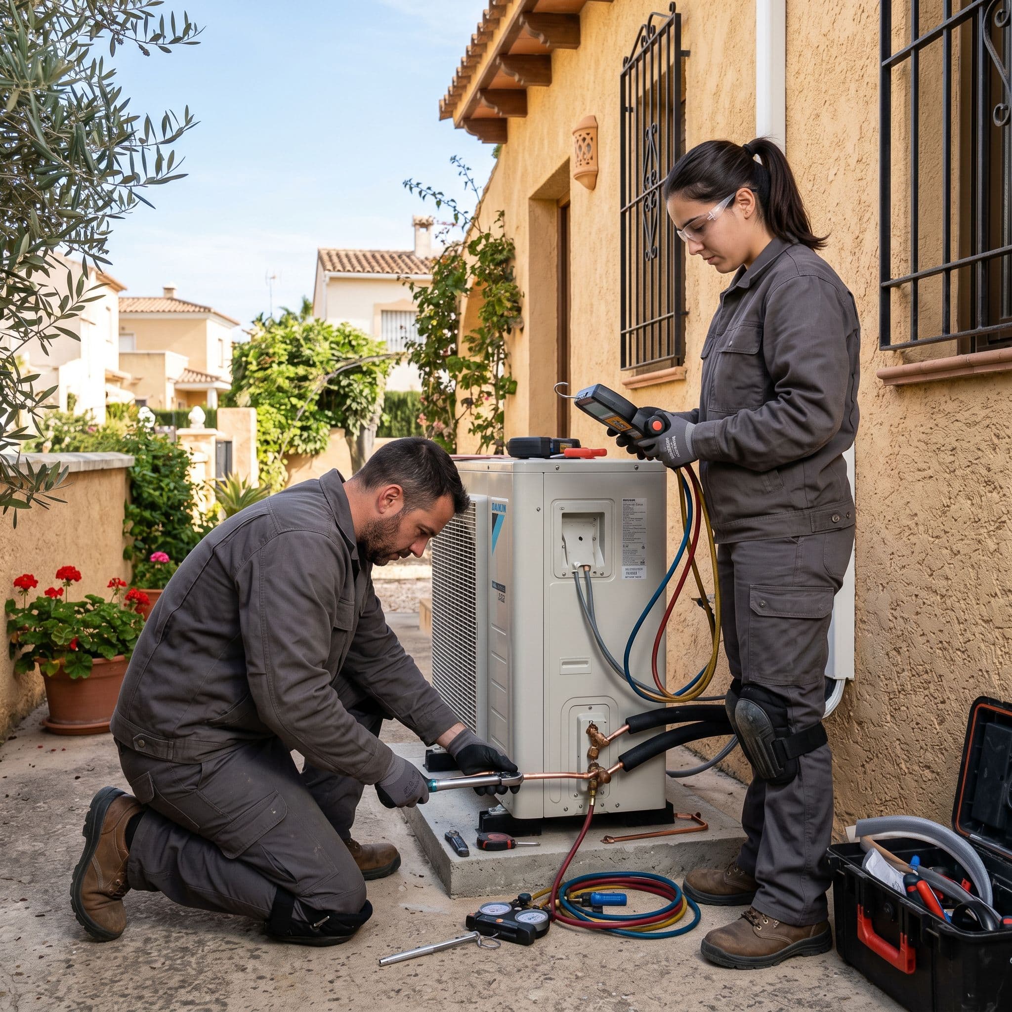 Técnicos instaladores conectando una bomba de calor aerotérmica.