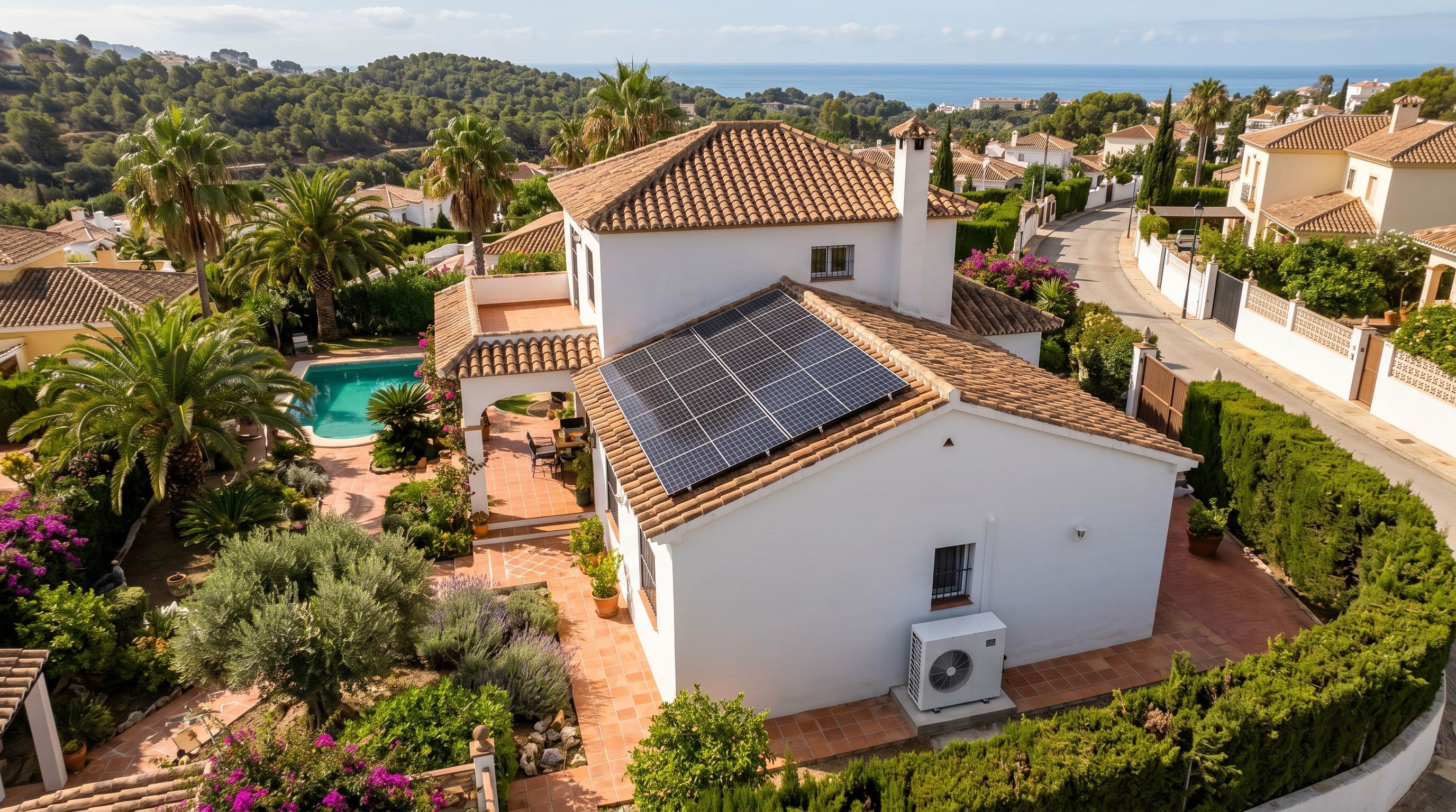 Vivienda unifamiliar española con placas solares en cubierta y bomba de calor aerotérmica en lateral.