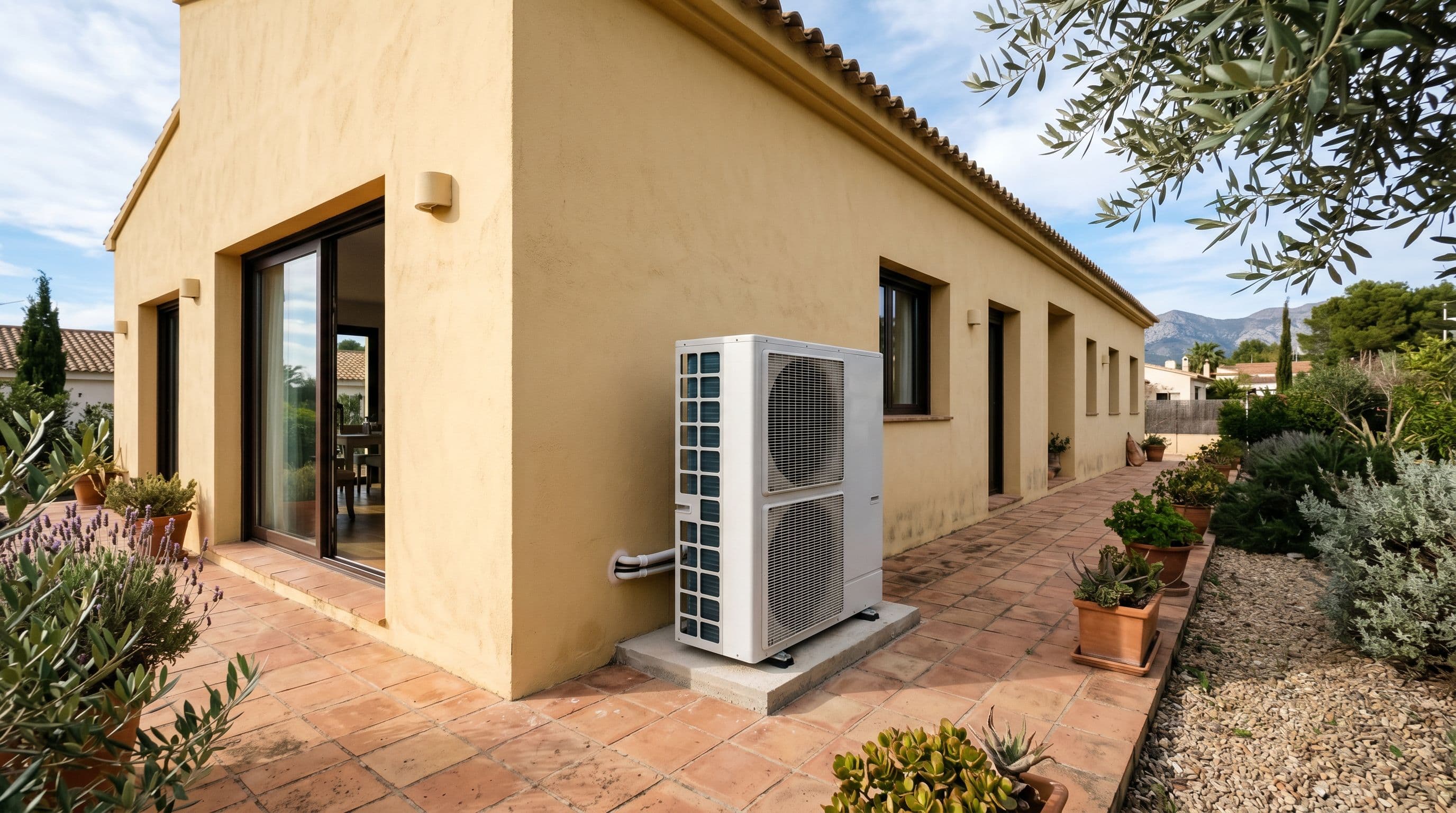 Bomba de calor aerotérmica exterior instalada en pared lateral de una vivienda unifamiliar en España.