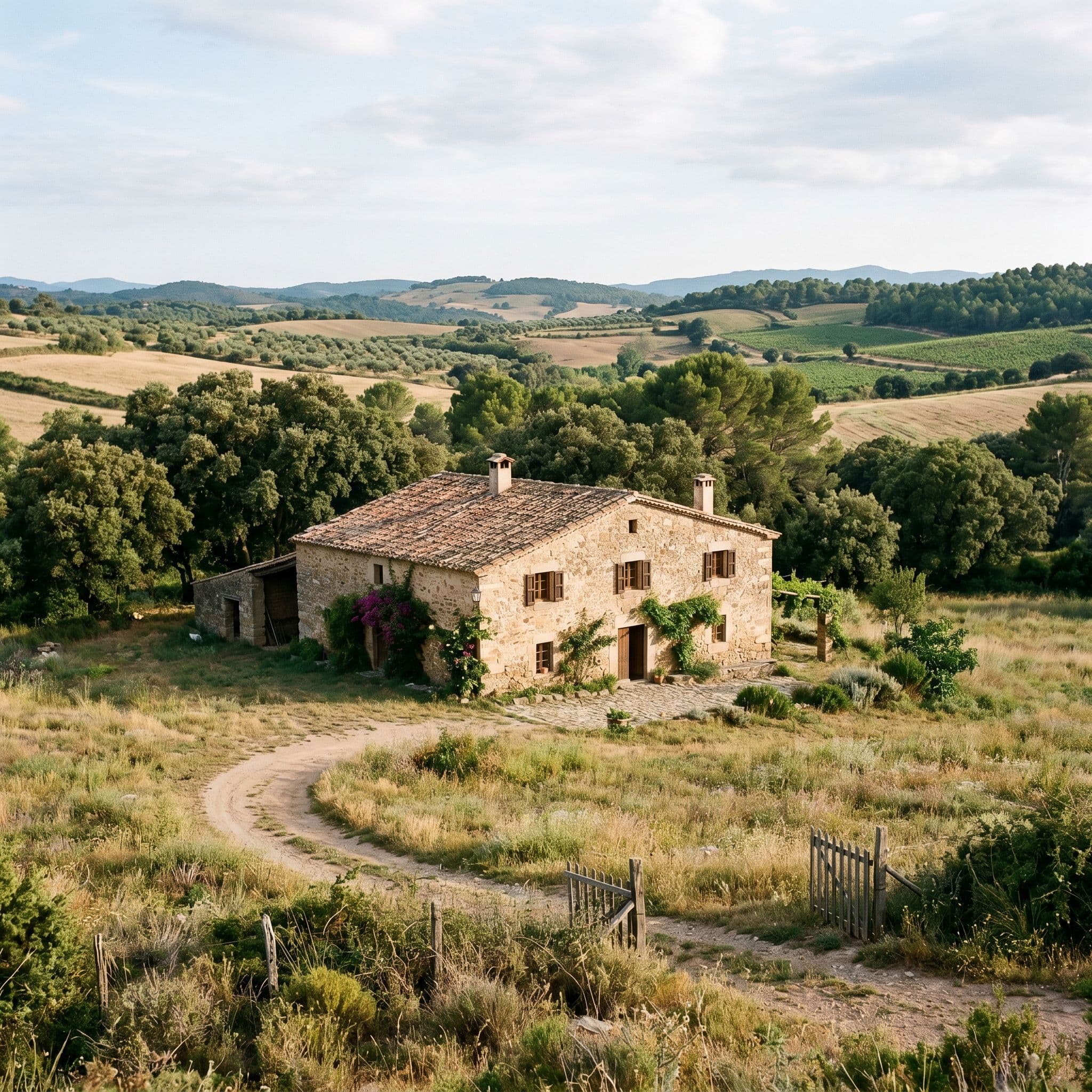 Casa rural española aislada con muros de piedra y entorno natural.