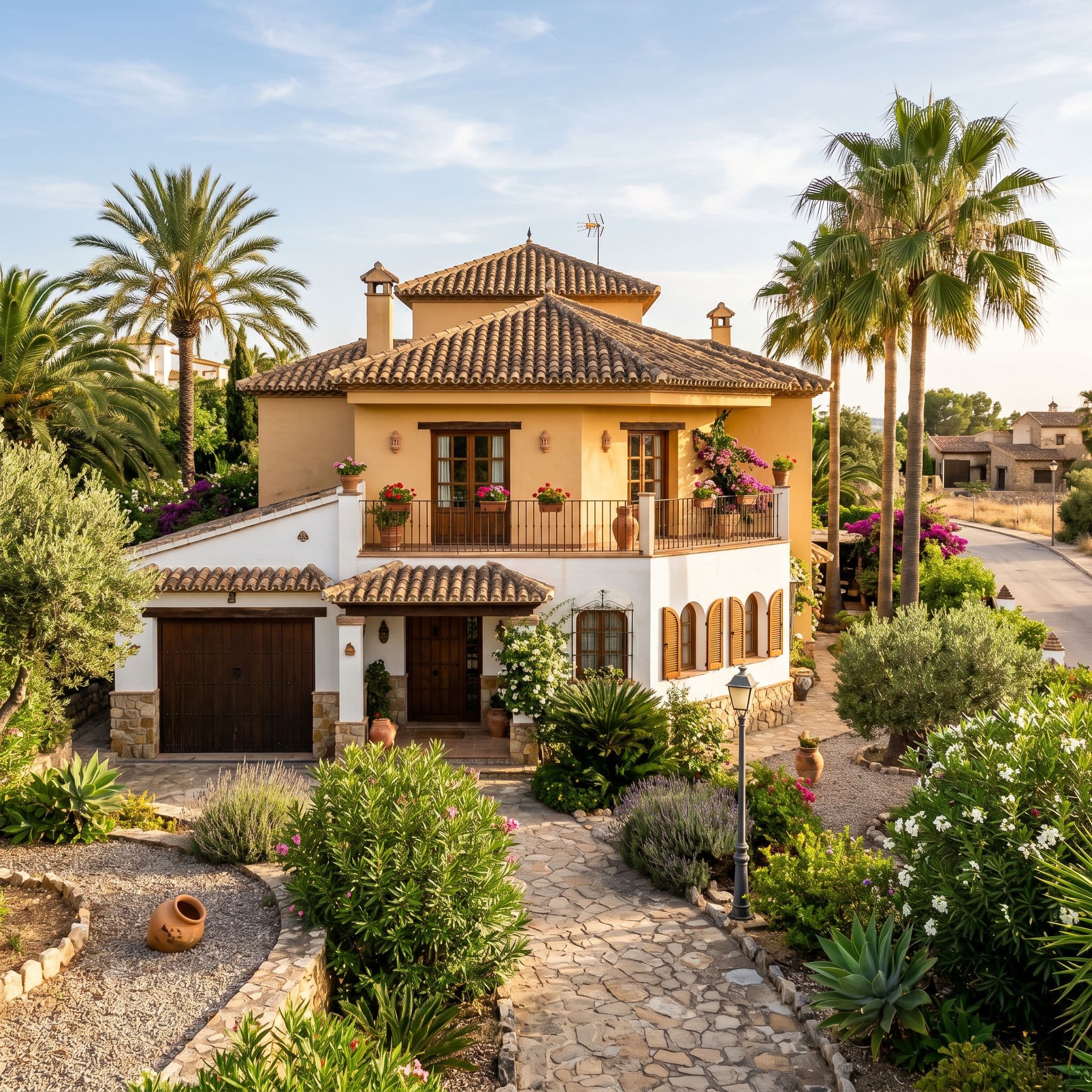 Chalet español de dos plantas con jardín, garaje y balcones.