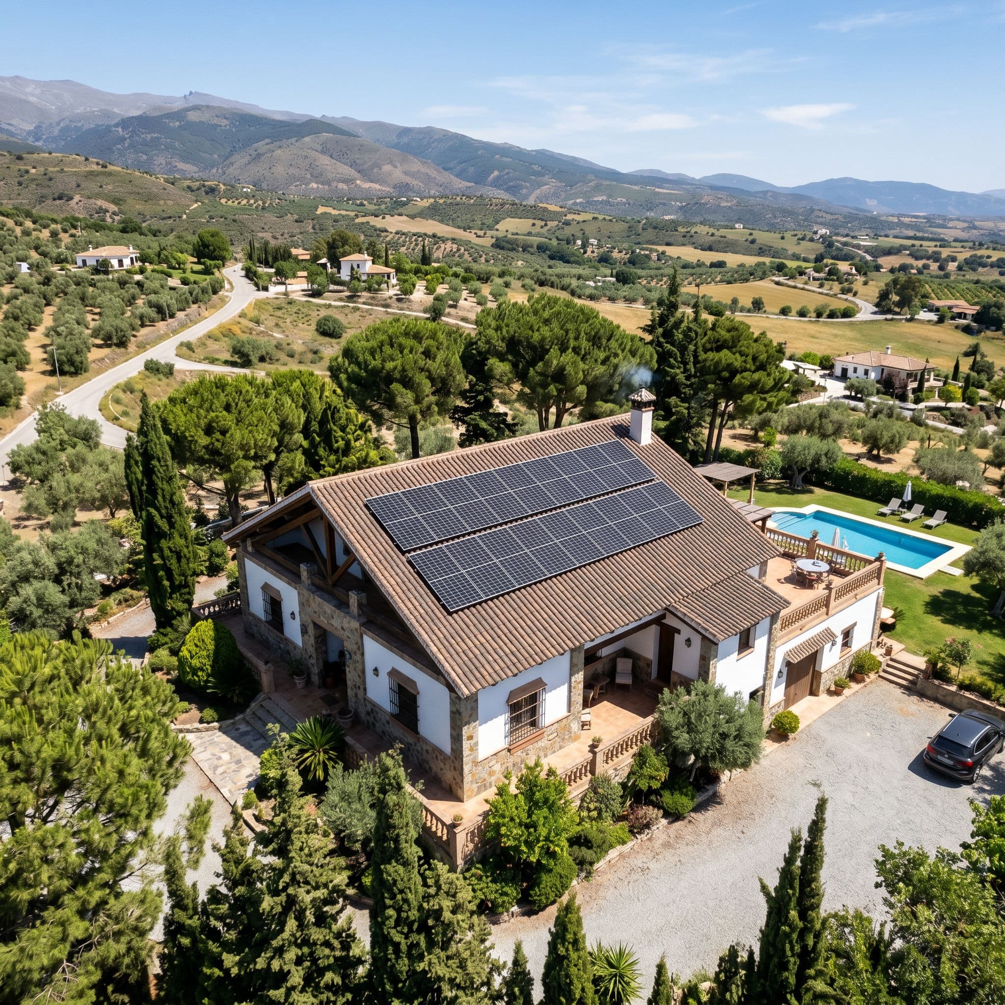 Chalet español con instalación fotovoltaica grande de 6 a 8 kWp en cubierta sur.