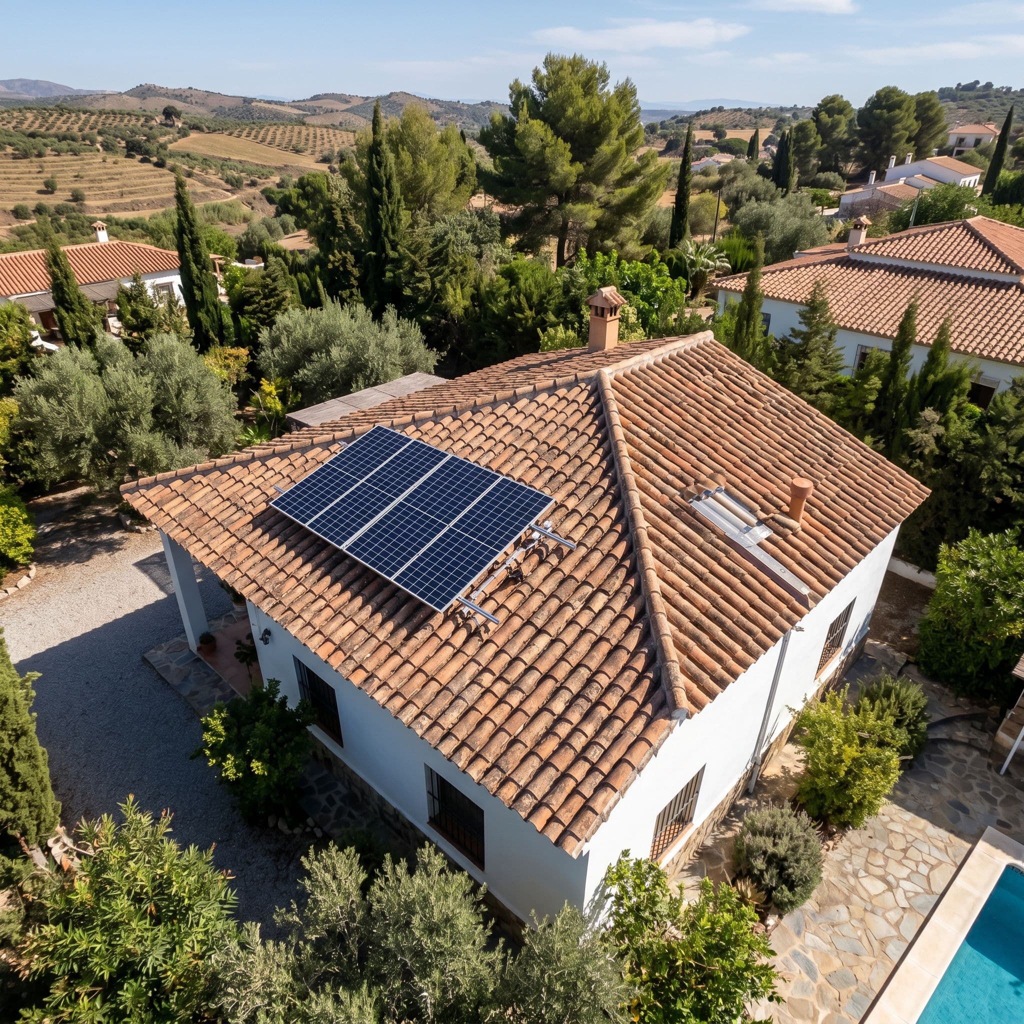 Vivienda con instalación fotovoltaica básica de 3 placas solares para autoconsumo limitado.