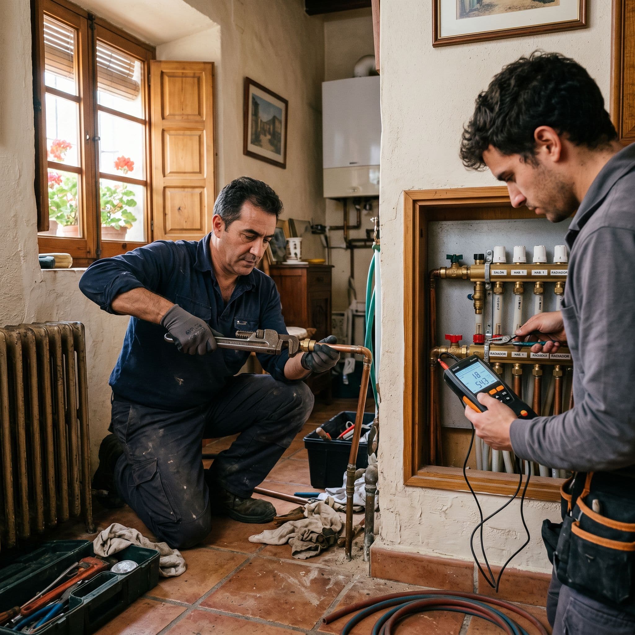 Técnicos sustituyendo radiadores y equilibrando el circuito hidráulico para aerotermia.
