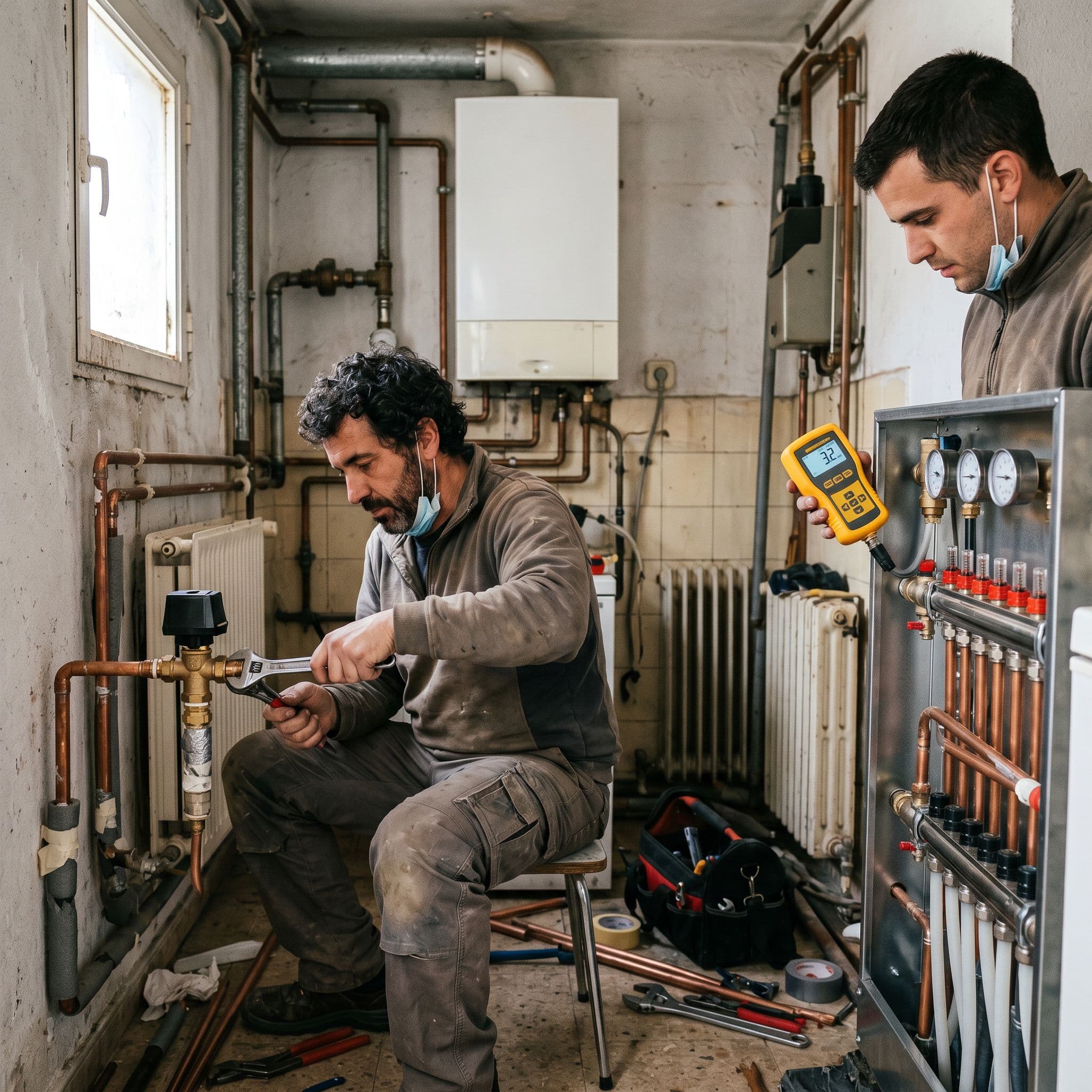 Técnicos integrando aerotermia con circuito hidráulico de radiadores en casa unifamiliar.