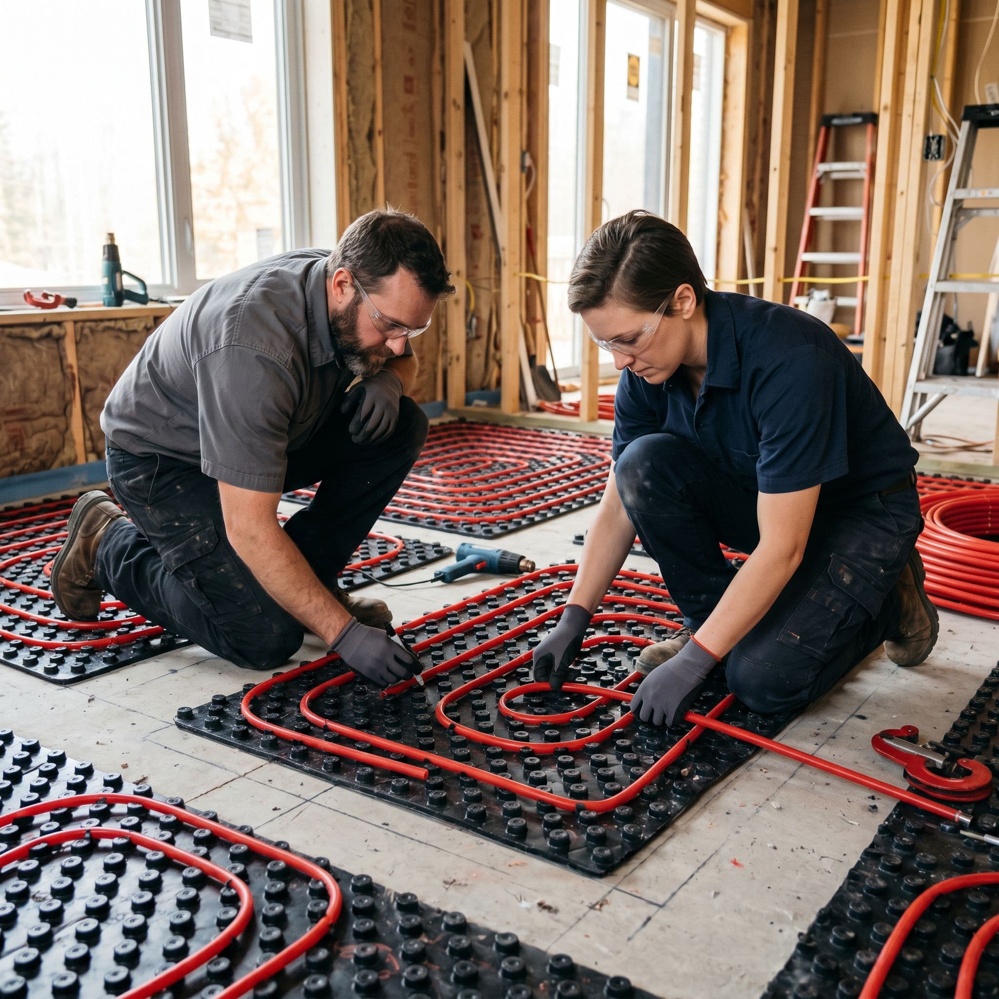 Técnicos instalando tubería de suelo radiante sobre panel aislante en vivienda.