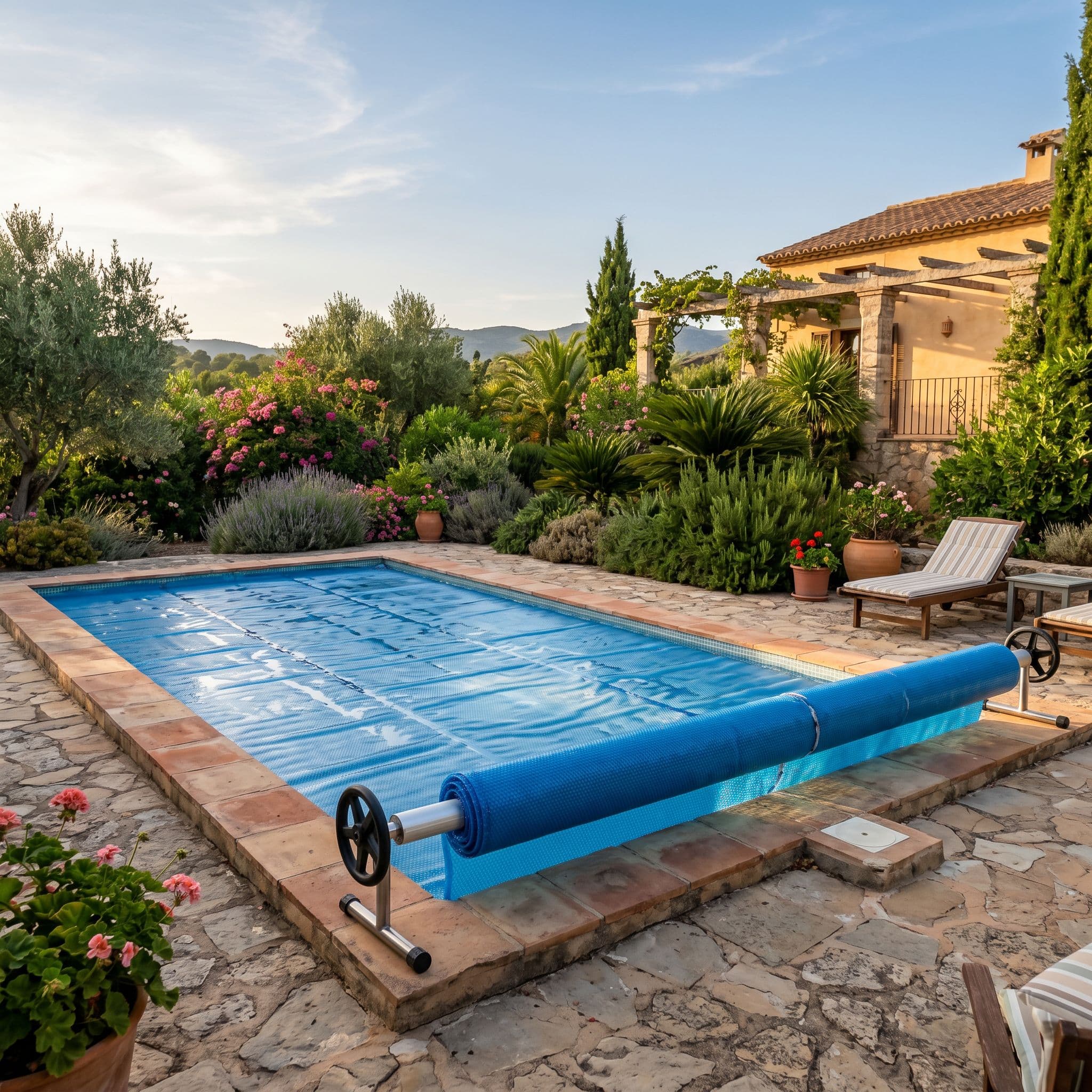 Piscina residencial con manta térmica solar para reducir consumo de bomba de calor.