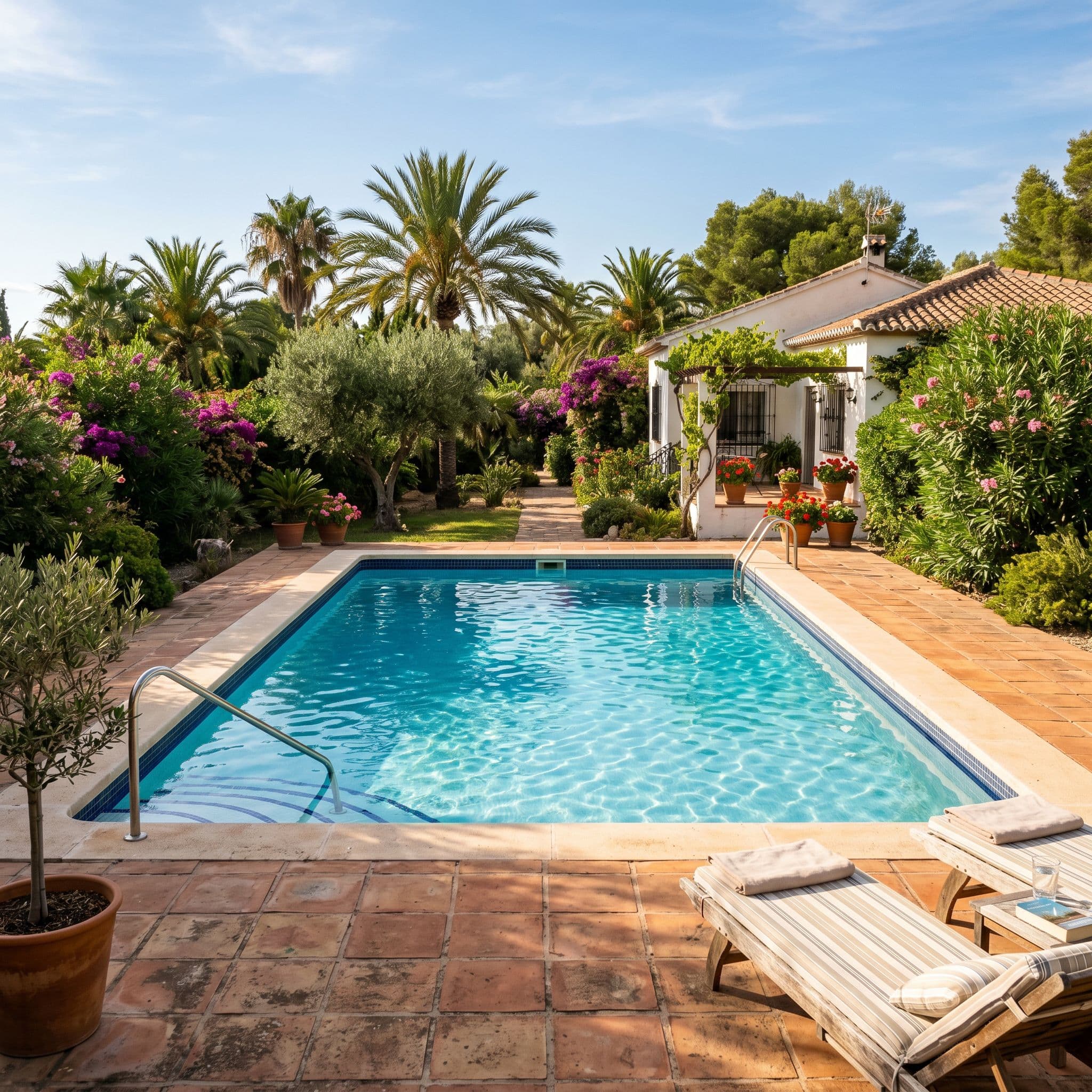 Piscina residencial española descubierta sin manta térmica para uso estacional.