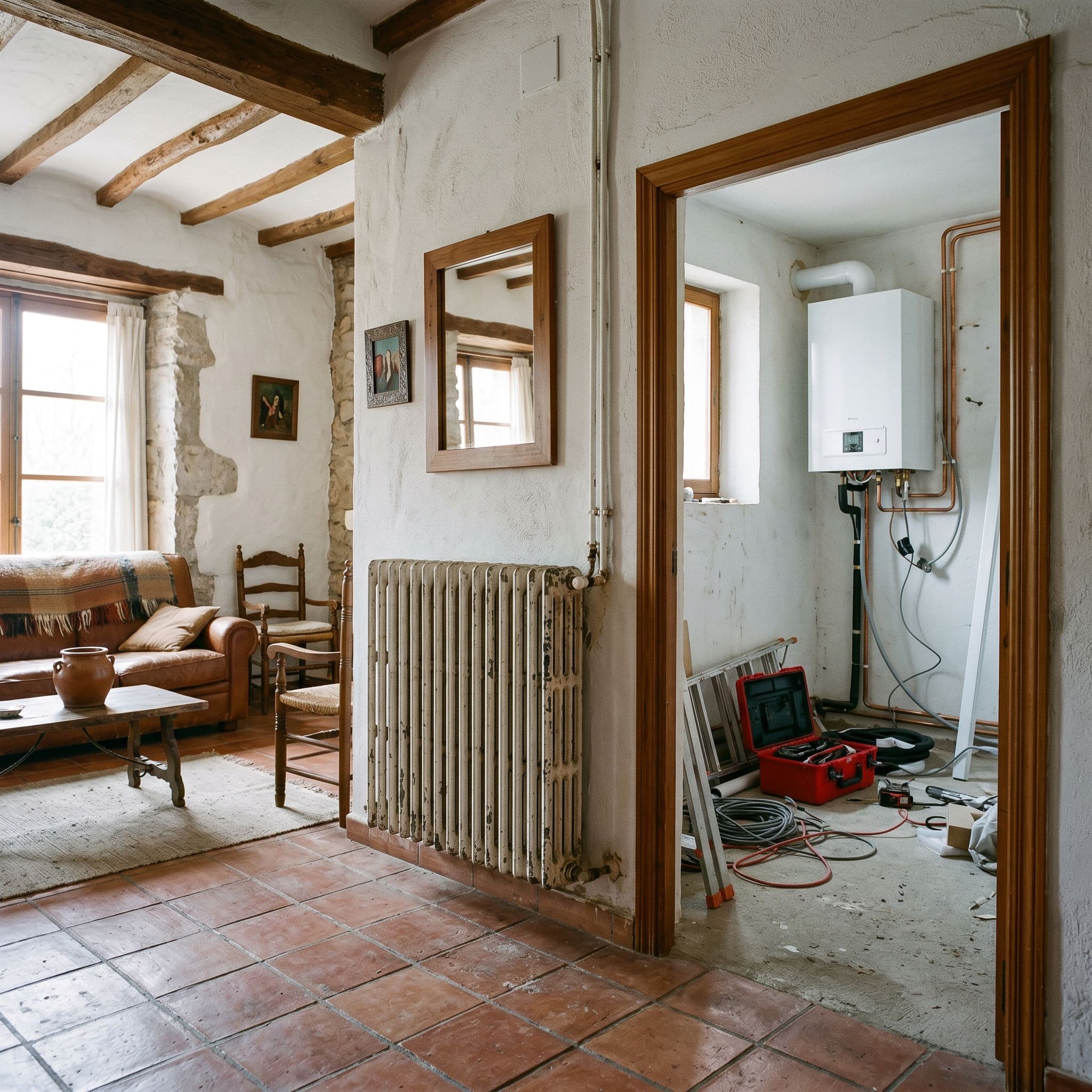 Vivienda con radiadores convencionales conservados y aerotermia de alta temperatura.