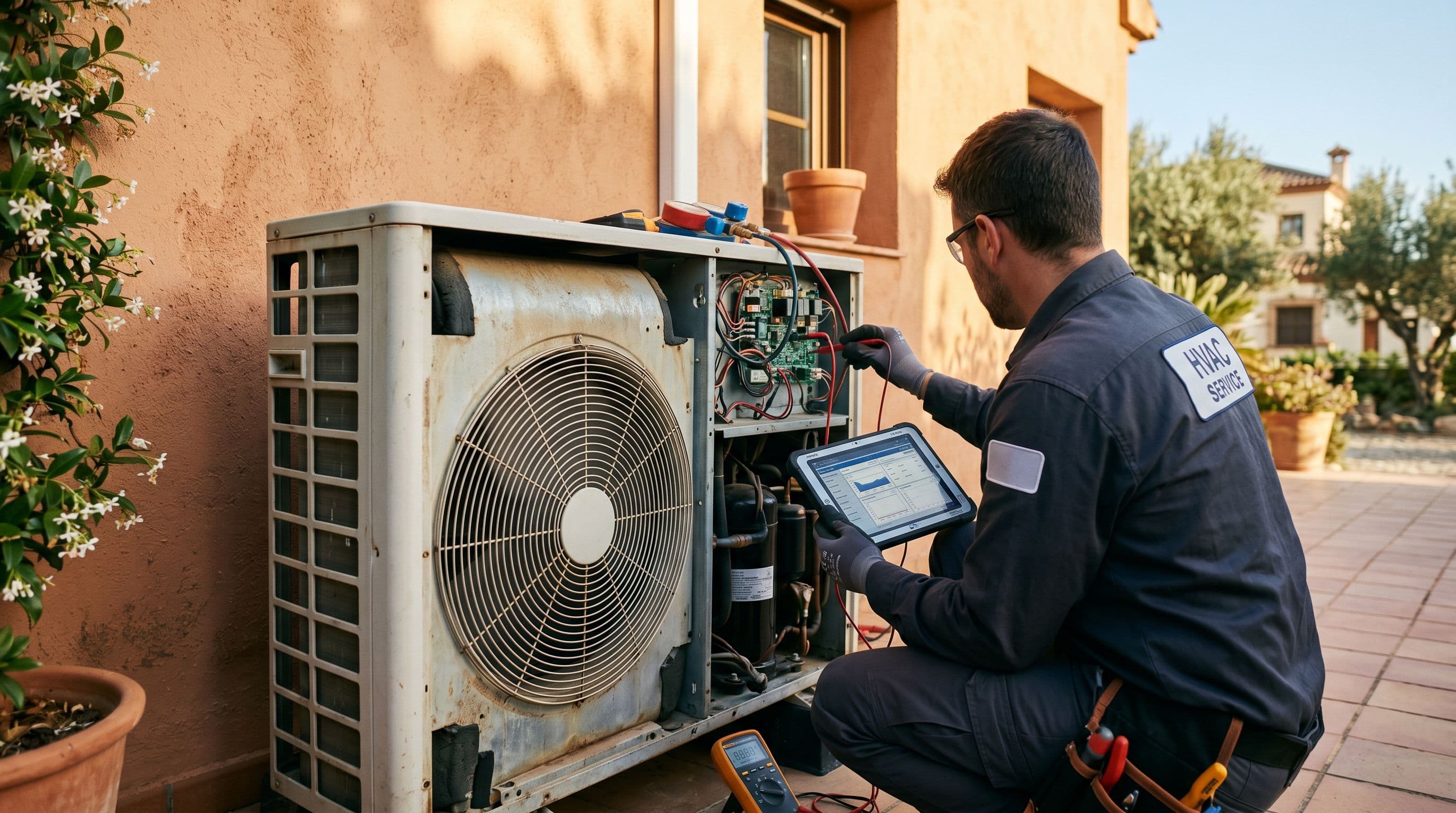 Técnico realizando diagnóstico de avería en bomba de calor aerotérmica residencial.