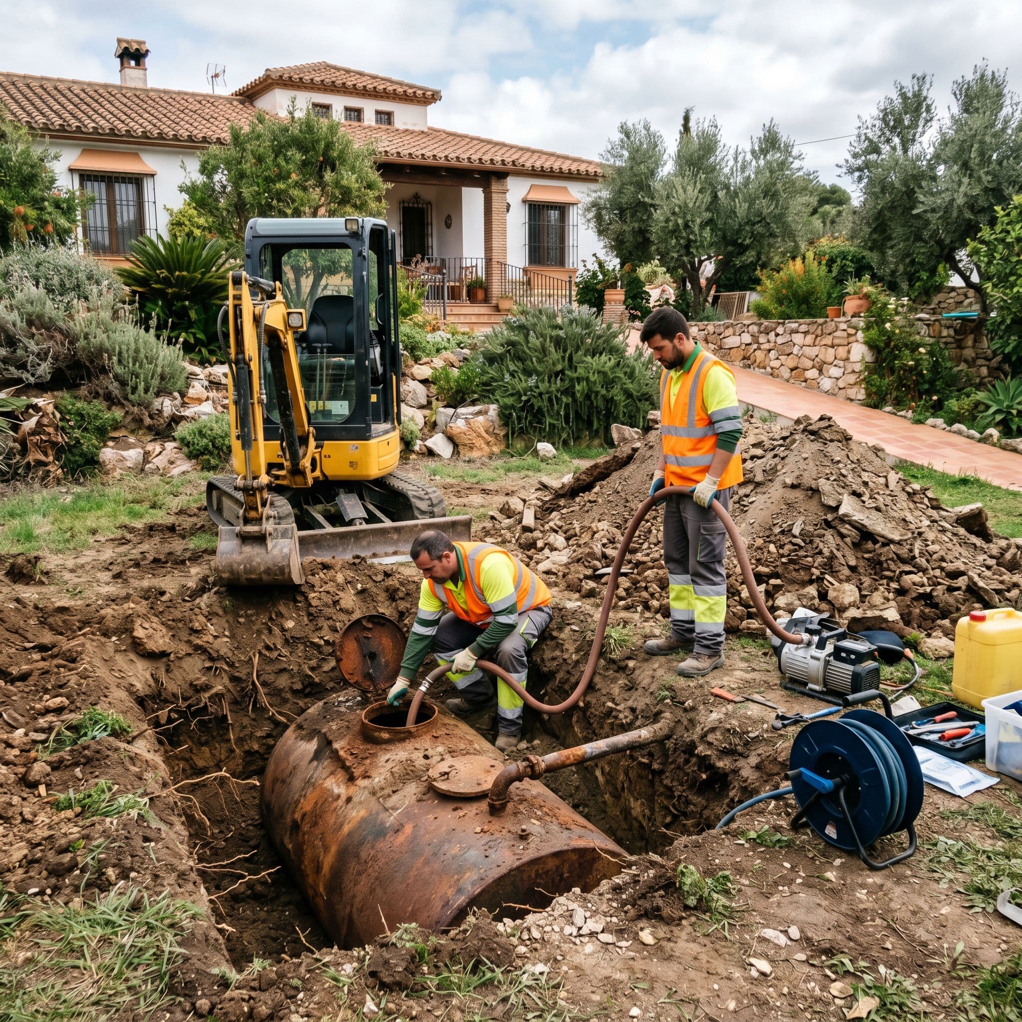 Excavación y retirada de depósito de gasoil enterrado en jardín de vivienda.