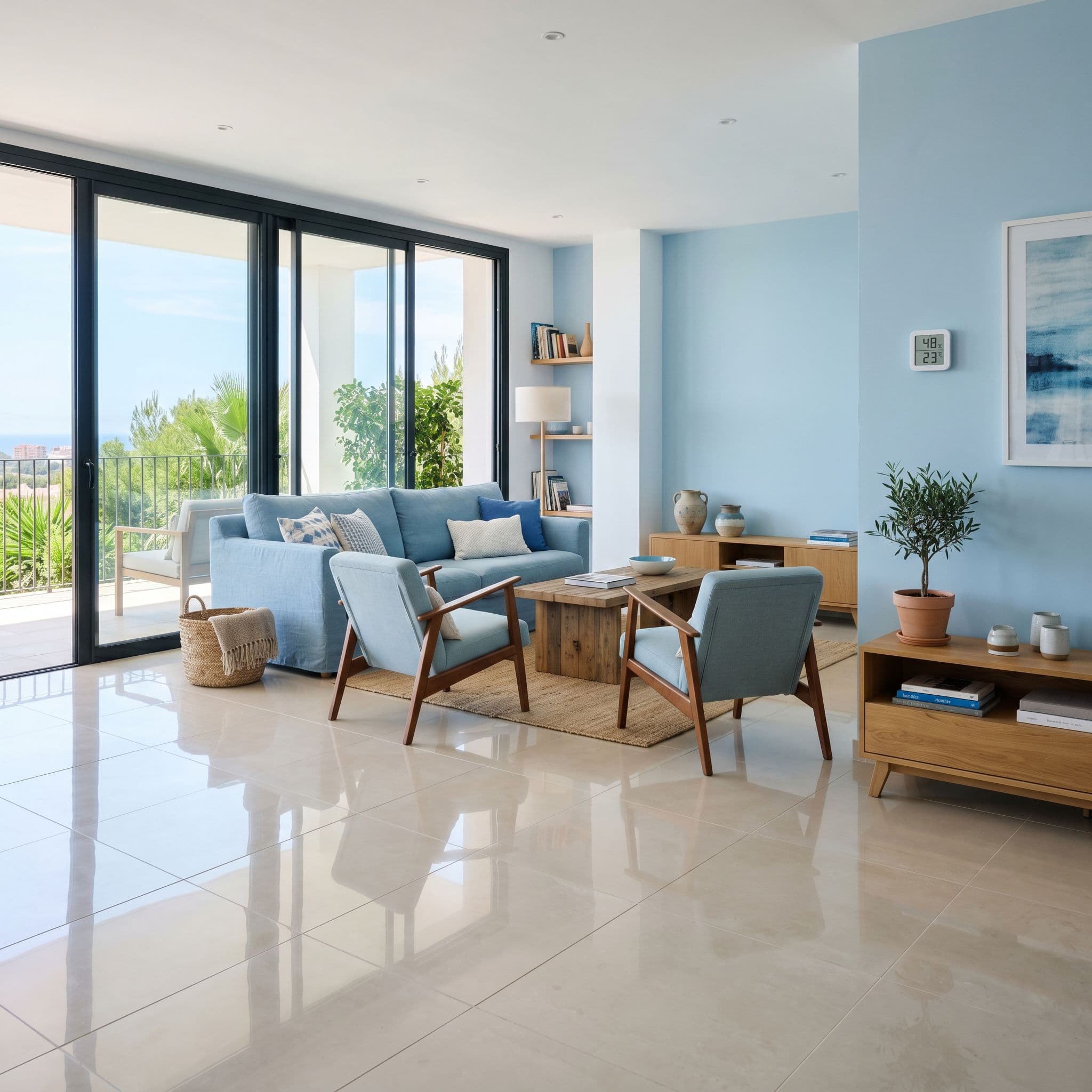 Vivienda con suelo radiante refrescante para refrigeración por aerotermia en verano.