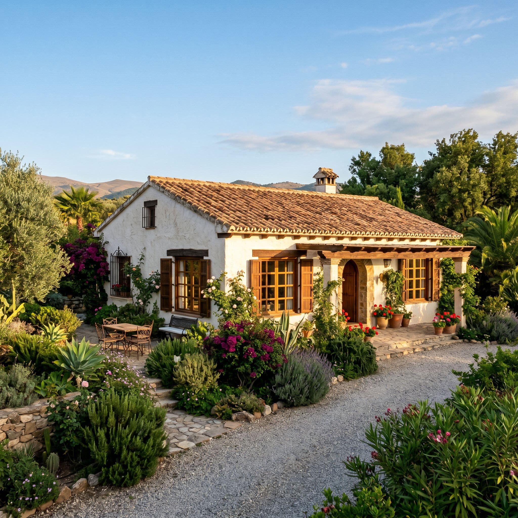 Vivienda unifamiliar española de planta baja con jardín y acceso al exterior.