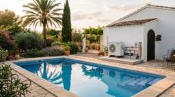 Bomba de calor aerotérmica para piscina instalada junto a vaso residencial en jardín español.