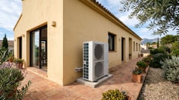 Bomba de calor aerotérmica exterior instalada en pared lateral de una vivienda unifamiliar en España.