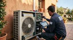 Técnico realizando diagnóstico de avería en bomba de calor aerotérmica residencial.