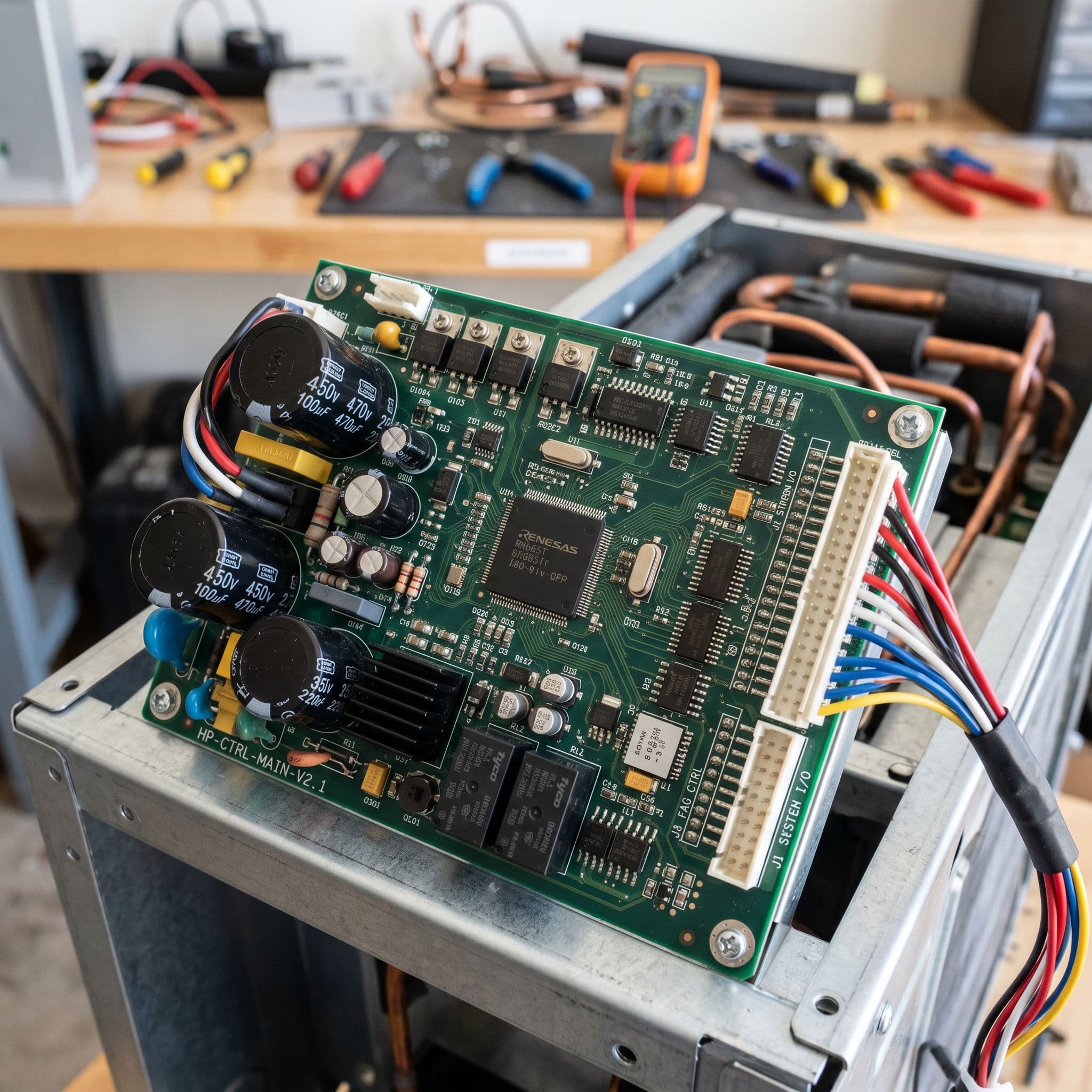 Placa electrónica de bomba de calor aerotérmica con componentes a la vista.