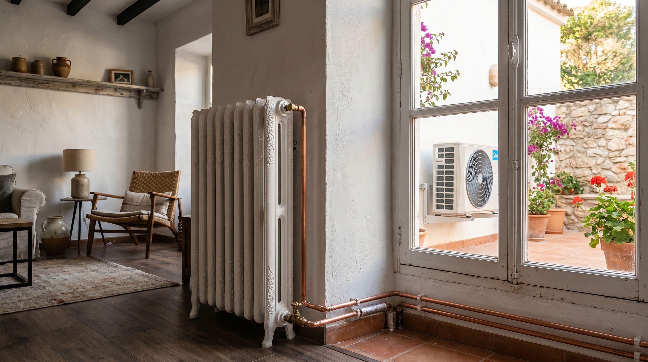 Radiador de hierro fundido antiguo en vivienda con bomba de calor aerotérmica visible al fondo.